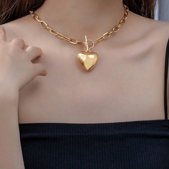 Chunky Chain OT Necklace With Large Smooth Surface Heart For Women - Picture 2 of 5